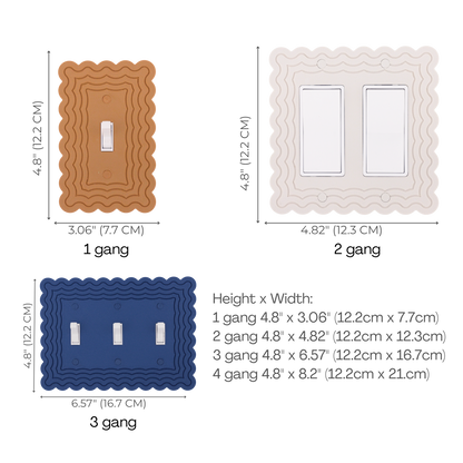 Scalloped Rectangle 4 Rows wall plate size chart — 1 to 4 gang dimensions in inches and cm