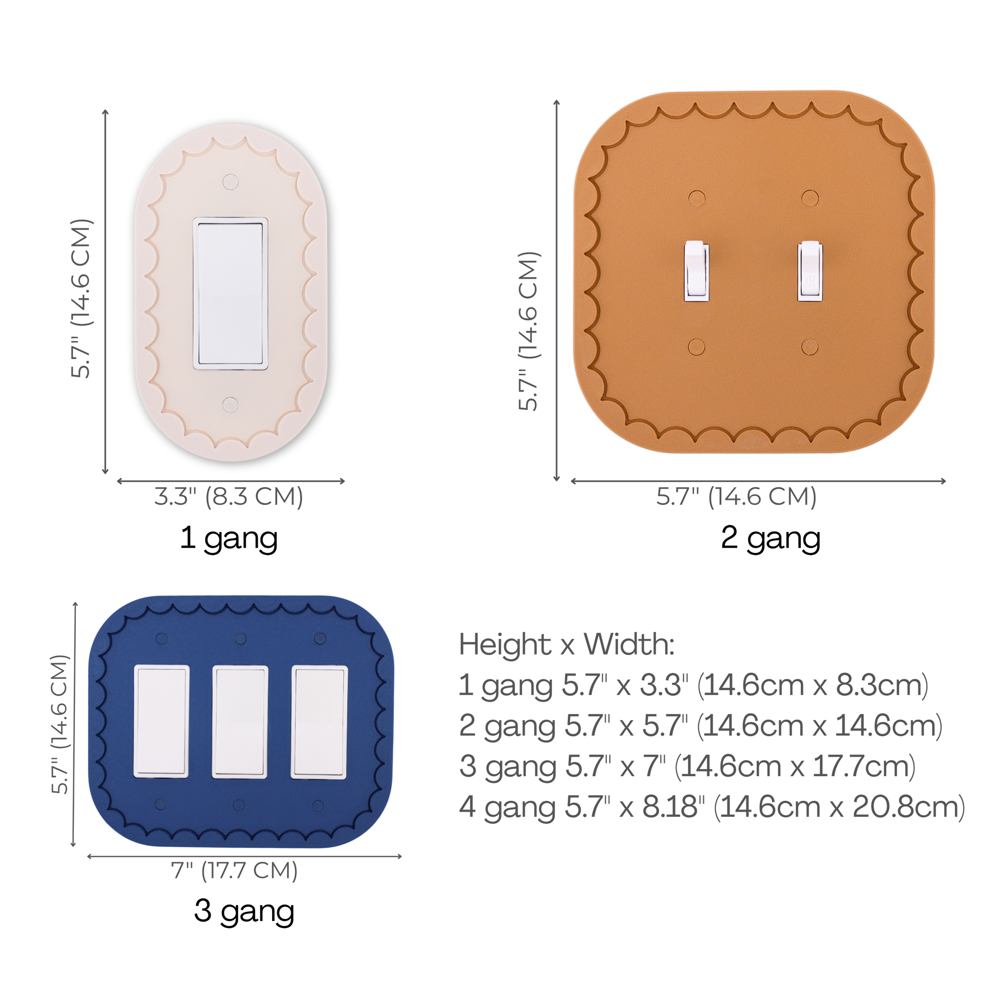 Scalloped Oval 3D wall plate size chart — 1 to 4 gang dimensions in inches and cm