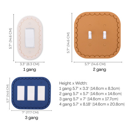 Scalloped Oval 3D wall plate size chart — 1 to 4 gang dimensions in inches and cm