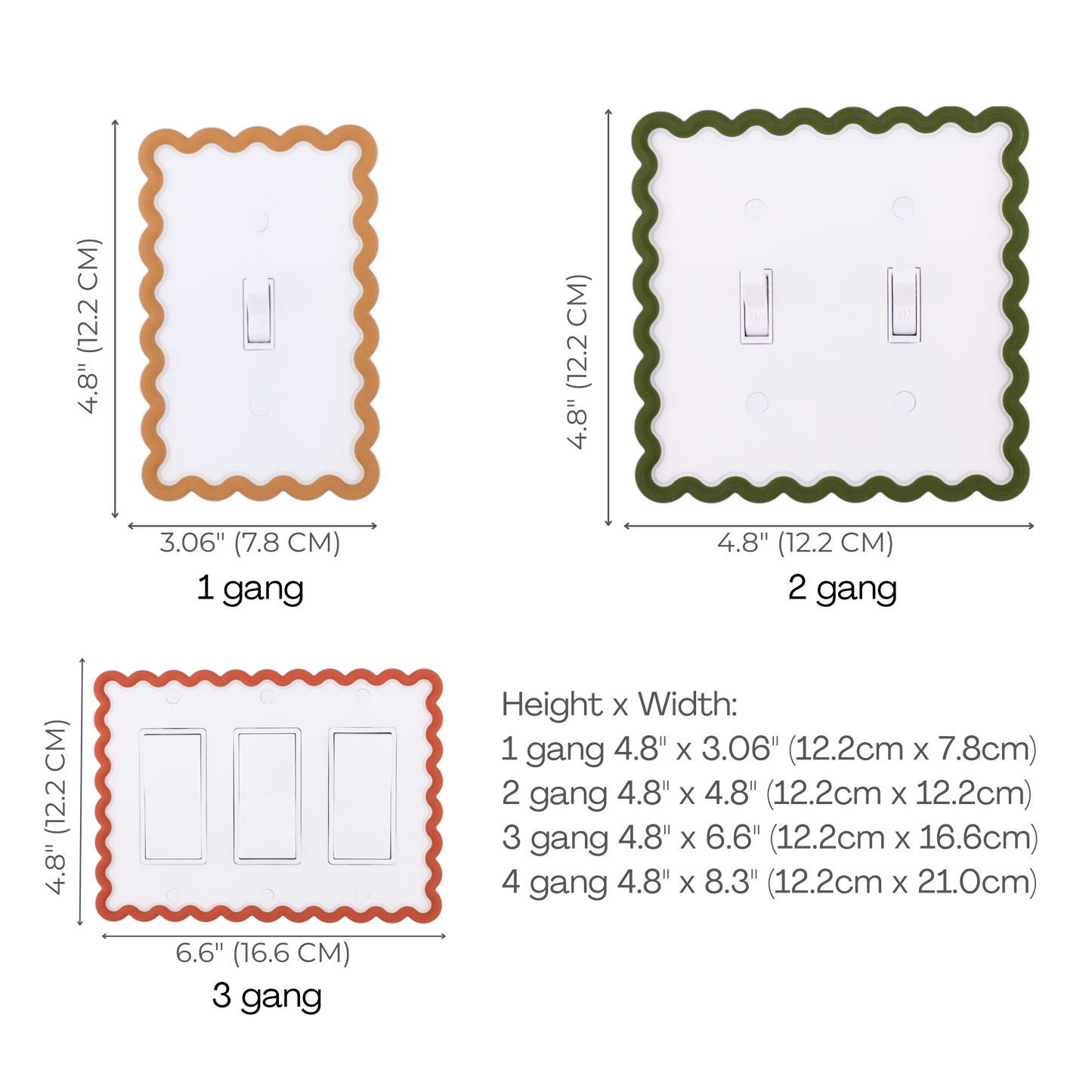 Scalloped Rectangle 3D Wall Plate size chart — 1 to 4 gang dimensions in inches and cm