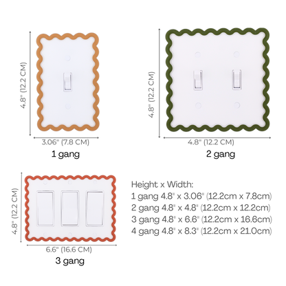 Scalloped Rectangle 3D Wall Plate size chart — 1 to 4 gang dimensions in inches and cm